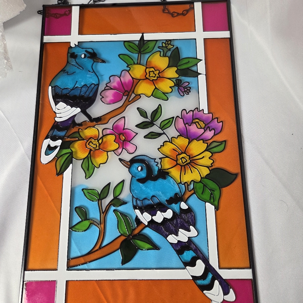 Colorful Stained Glass Panel with Blue Jays and Flowers